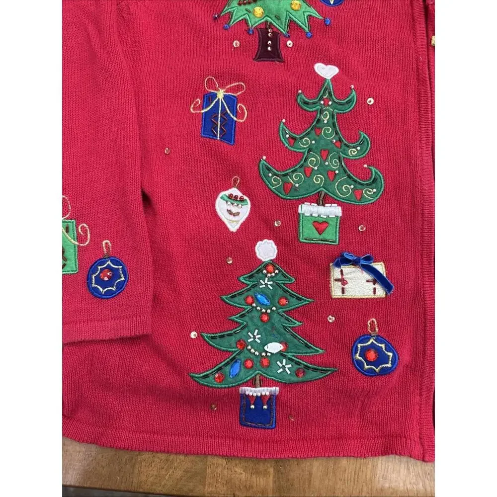 Tiara International Zip Cardigan Sweater Women 2X Christmas Trees Beaded Novelty - Picture 6 of 12